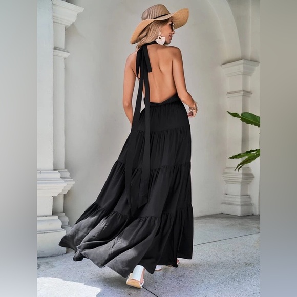 Solid Tie Backless Ruffle Hem Halter Dress - Picture 5 of 13